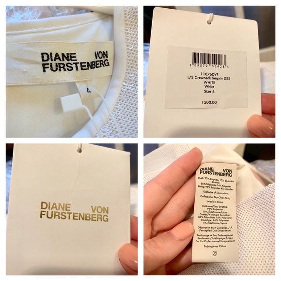 DVF Sequin Long Sleeve Fitted White Dress - Picture 7 of 8